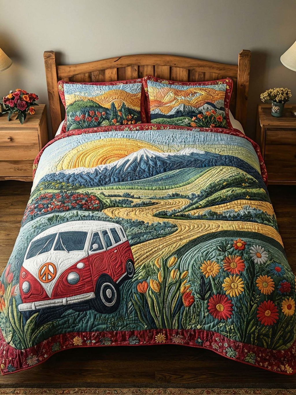 Hippie Van Flower 3- Piece Quilted Bedding Set