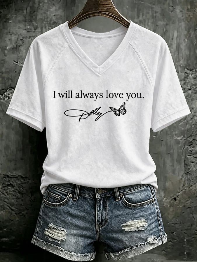 V Neck Retro Butterfly  I Will Always Love You Print T-Shirt