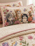 Garden Cat Floral Quilted 3-Piece Bedding Set