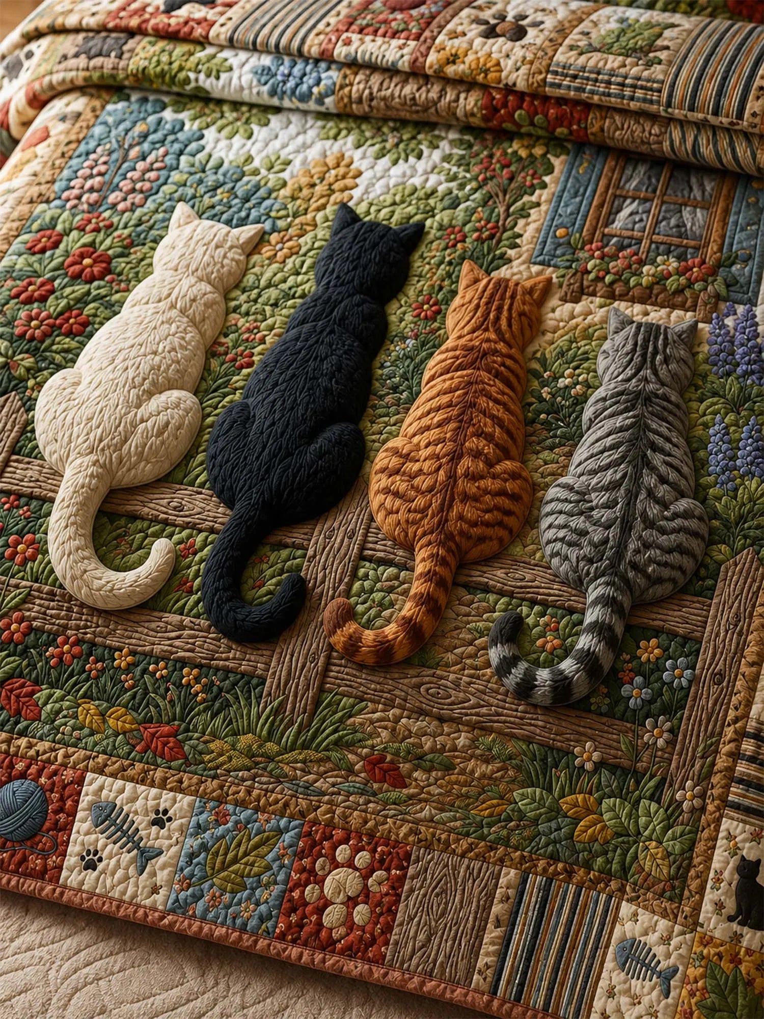 Woodland Cat Garden Quilted 3-Piece Bedding Set