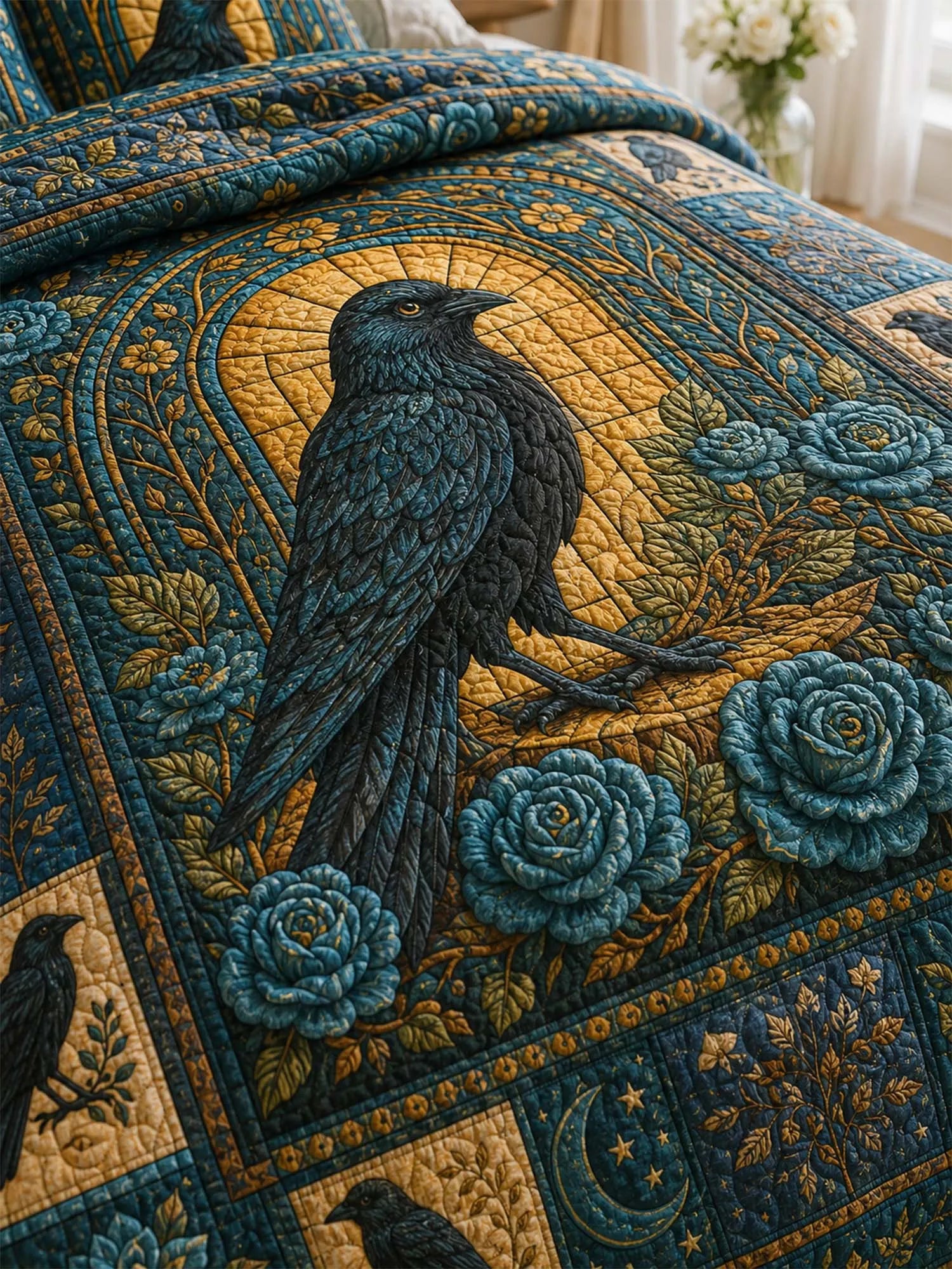 Raven Golden Rose Garden Quilted 3-Piece Bedding Set