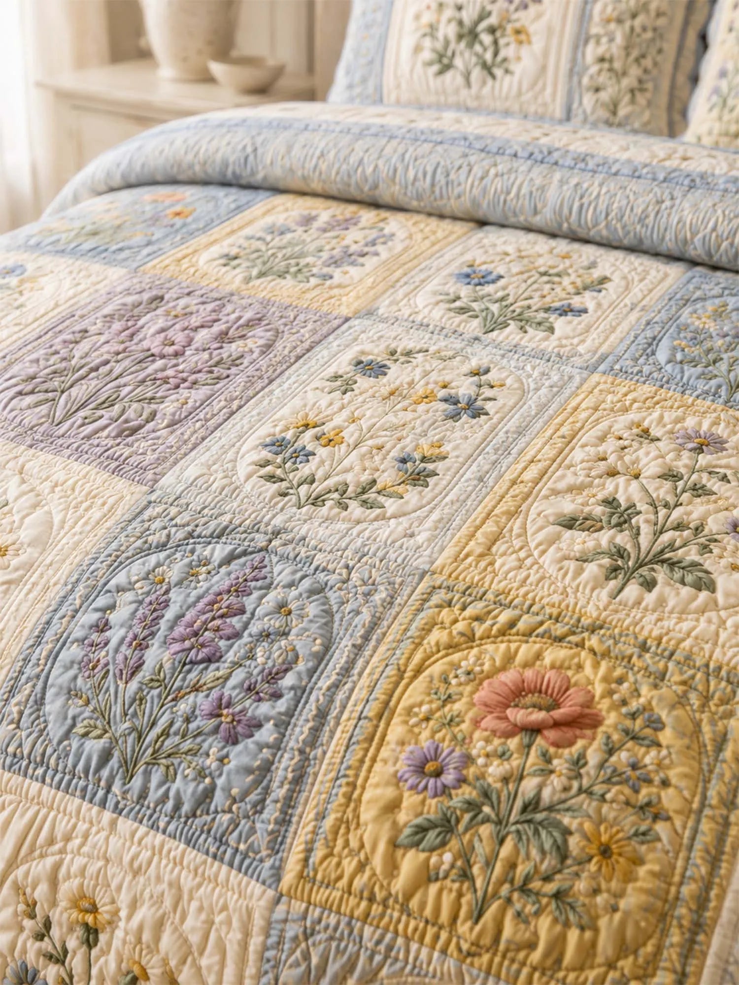 Wildflower Quilted 3-Piece Bedding Set – Classic Americana Quilted Bedding With Matching Pillow Shams