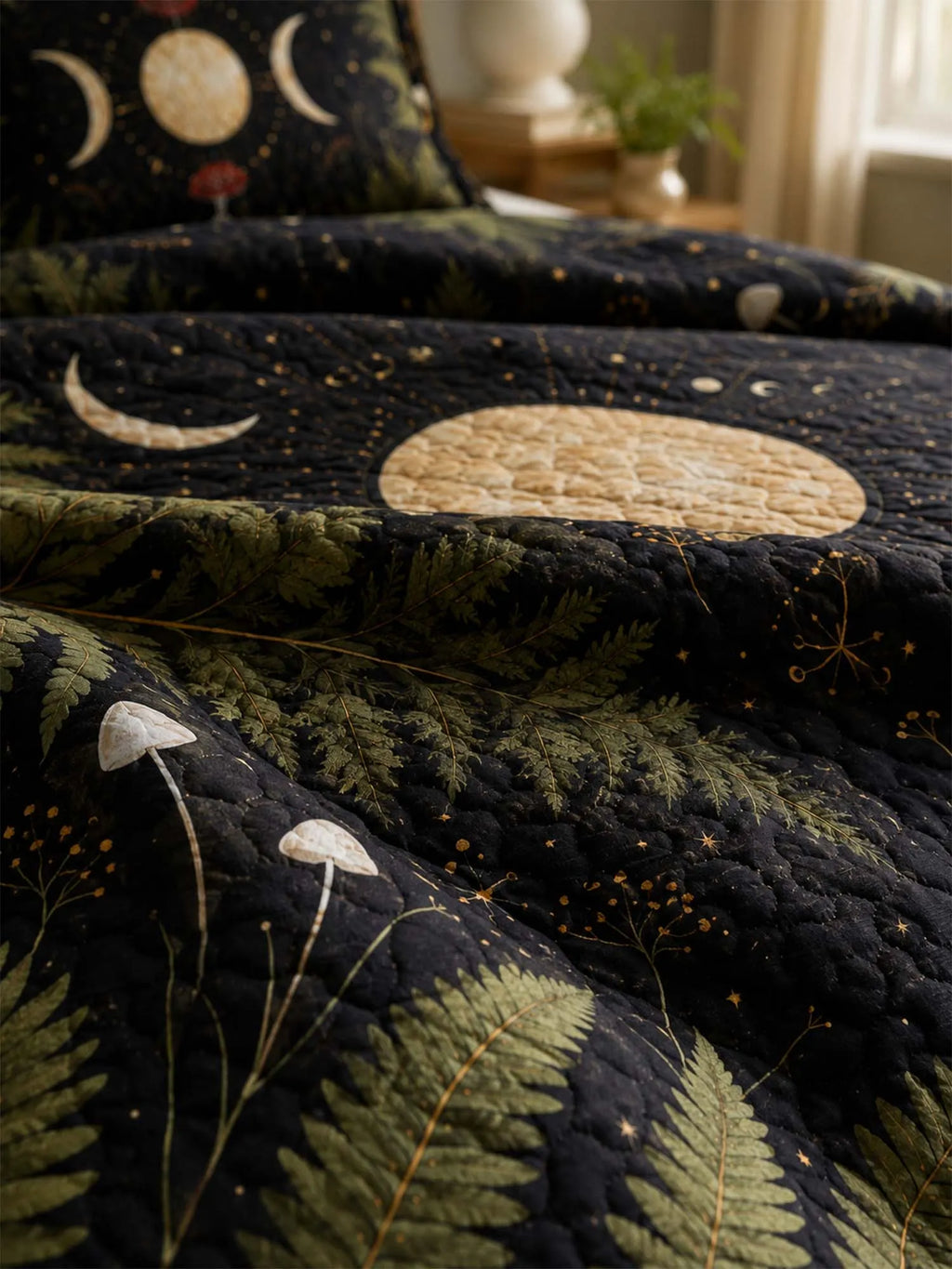 Moonlit Mushroom Forest Quilted 3-Piece Bedding Set – Dark Botanical Quilted Bedding With Matching Pillow Shams