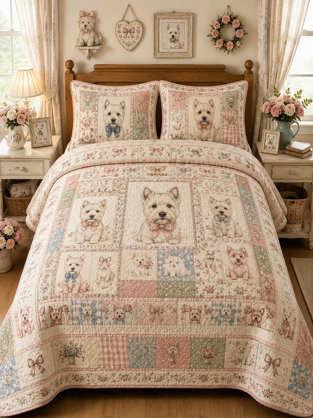 Vintage Westie Patchwork 3‐Piece Quilted Bedding Set