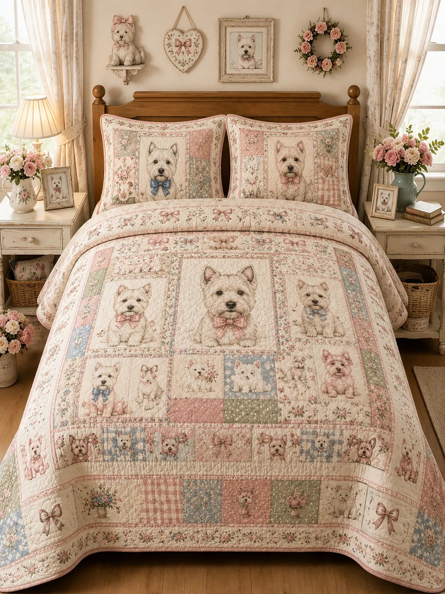 Vintage Westie Patchwork 3‐Piece Quilted Bedding Set