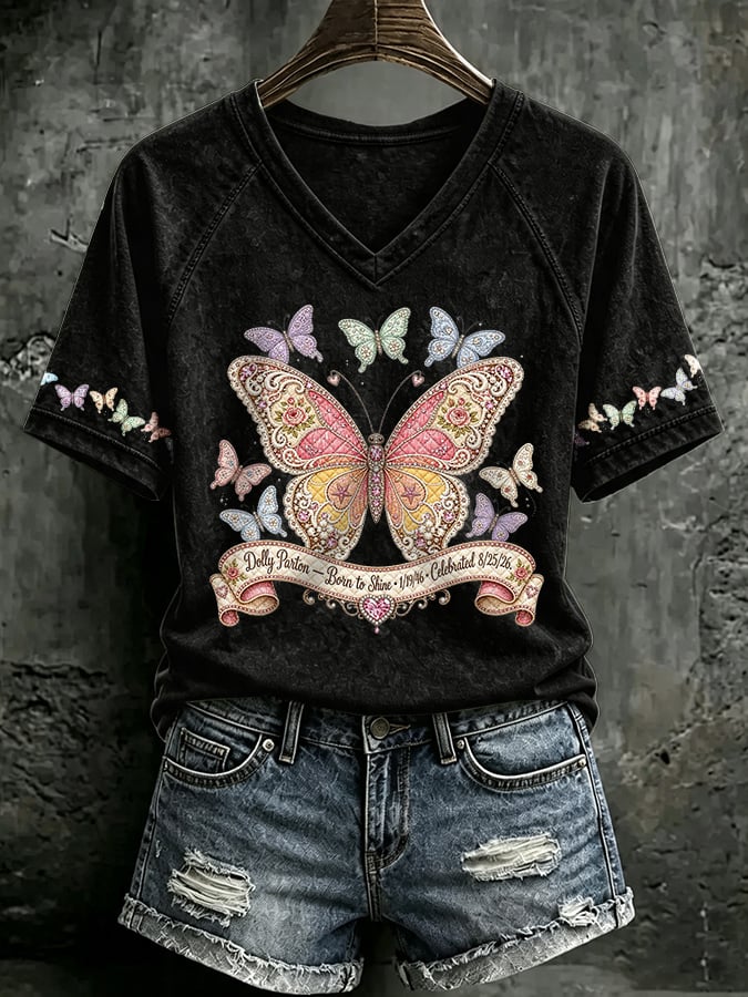 V Neck Retro Born To Shine Print T-Shirt