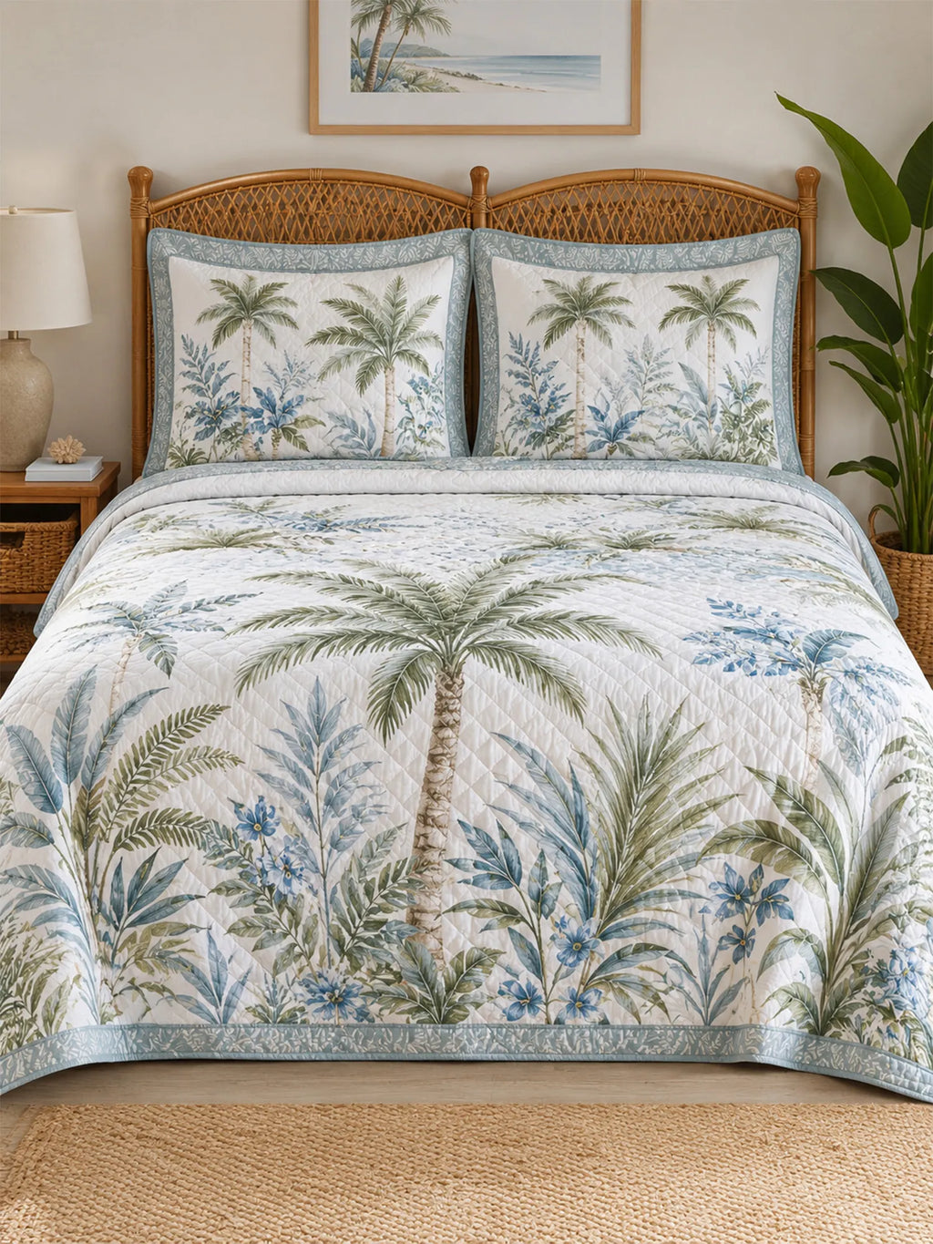 Coastal palm trees 3-Piece  Quilted Bedding Set