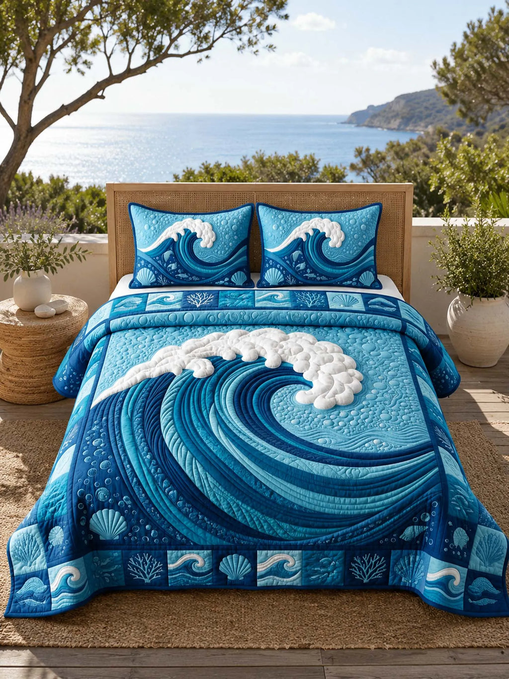 Ocean Wave Quilted 3-Piece Bedding Set – Coastal Inspired Quilted Bedding With Matching Pillow Shams