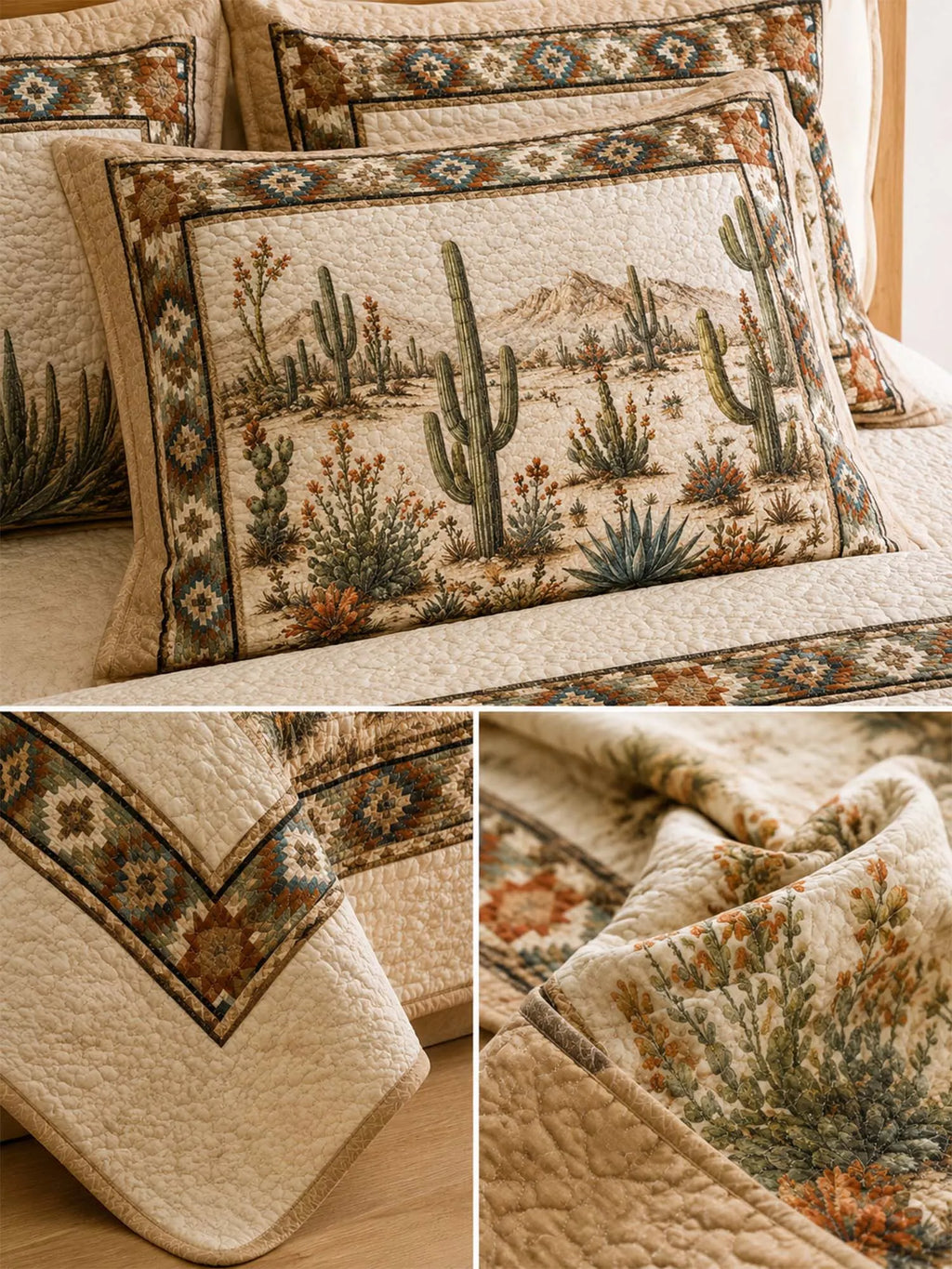Desert Cactus Quilted 3-Piece Bedding Set – Natural Farmhouse Quilted Bedding with Matching Pillow Shams