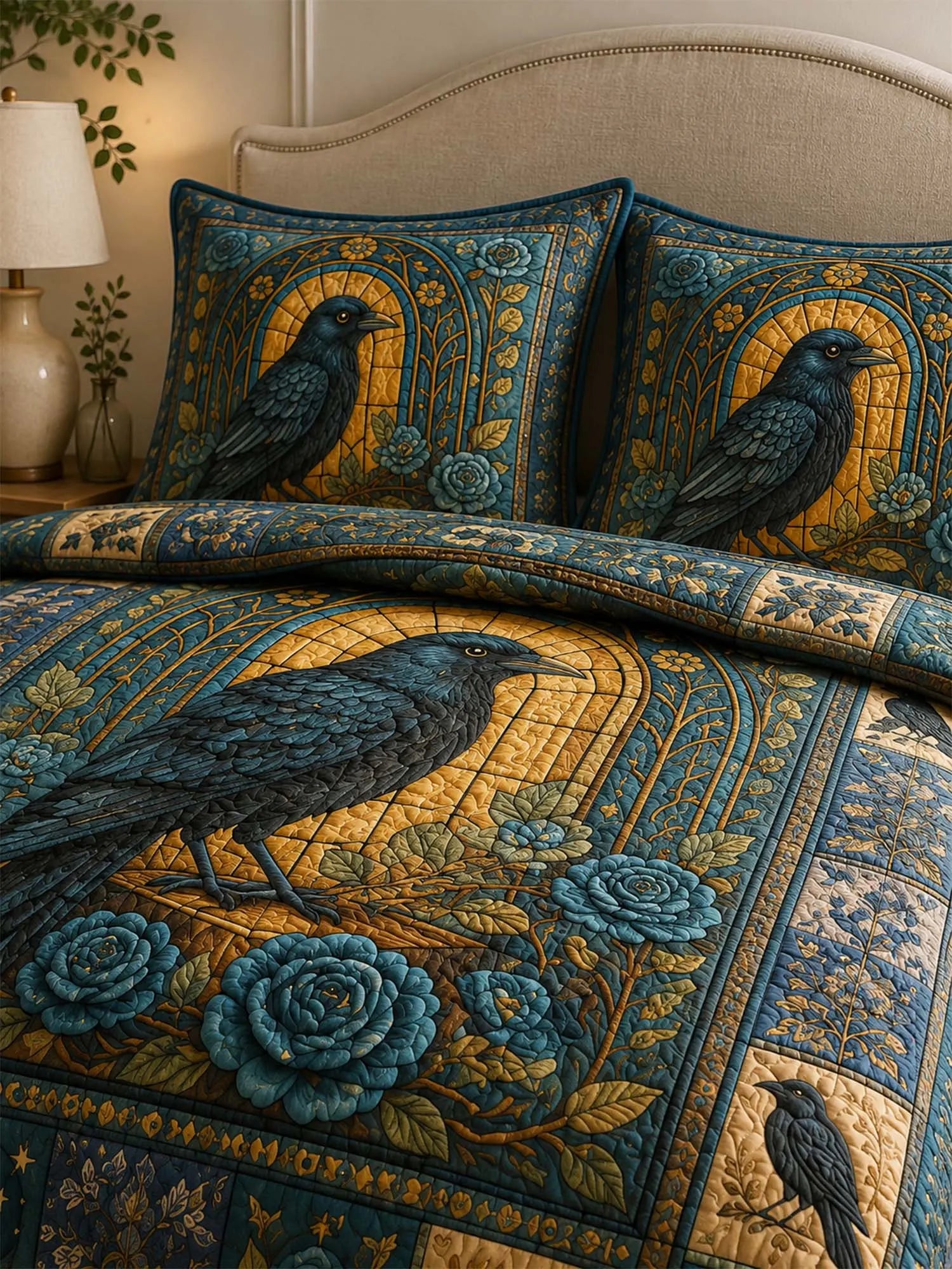Raven Golden Rose Garden Quilted 3-Piece Bedding Set