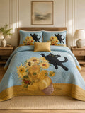 Black Cat Sunflower Garden Quilted 3-Piece Bedding Set