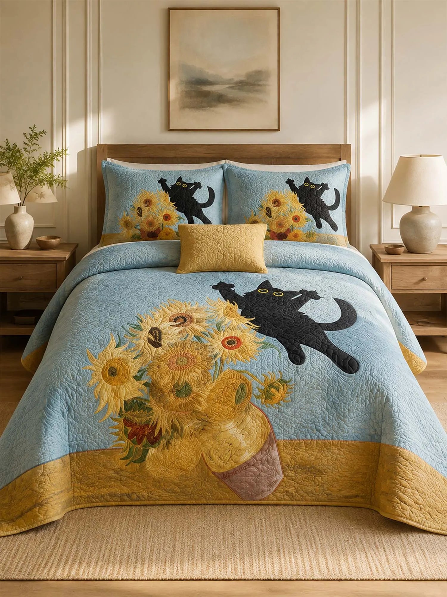 Black Cat Sunflower Garden Quilted 3-Piece Bedding Set