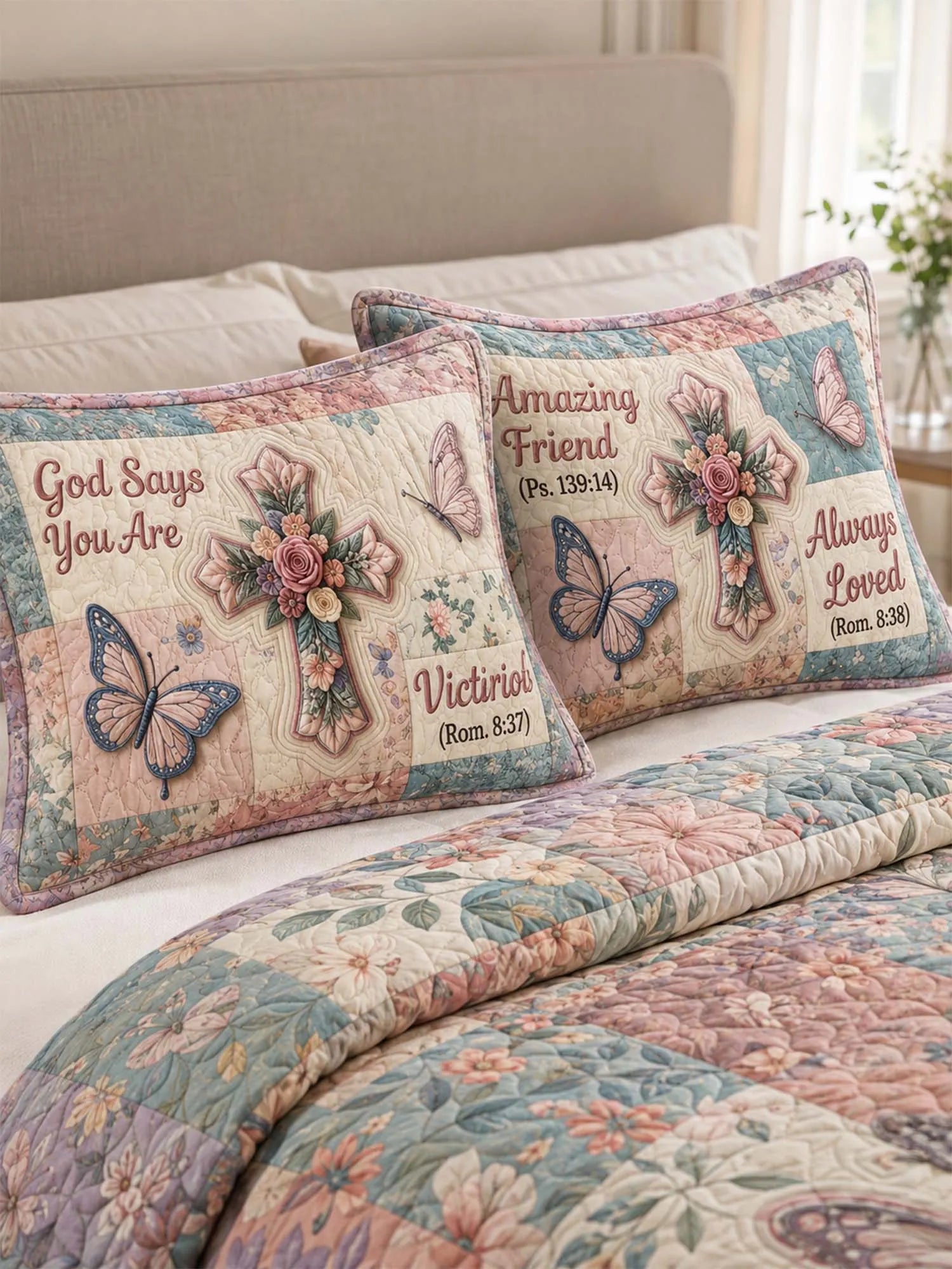 Butterfly Faith Garden Quilted 3-Piece Bedding Set
