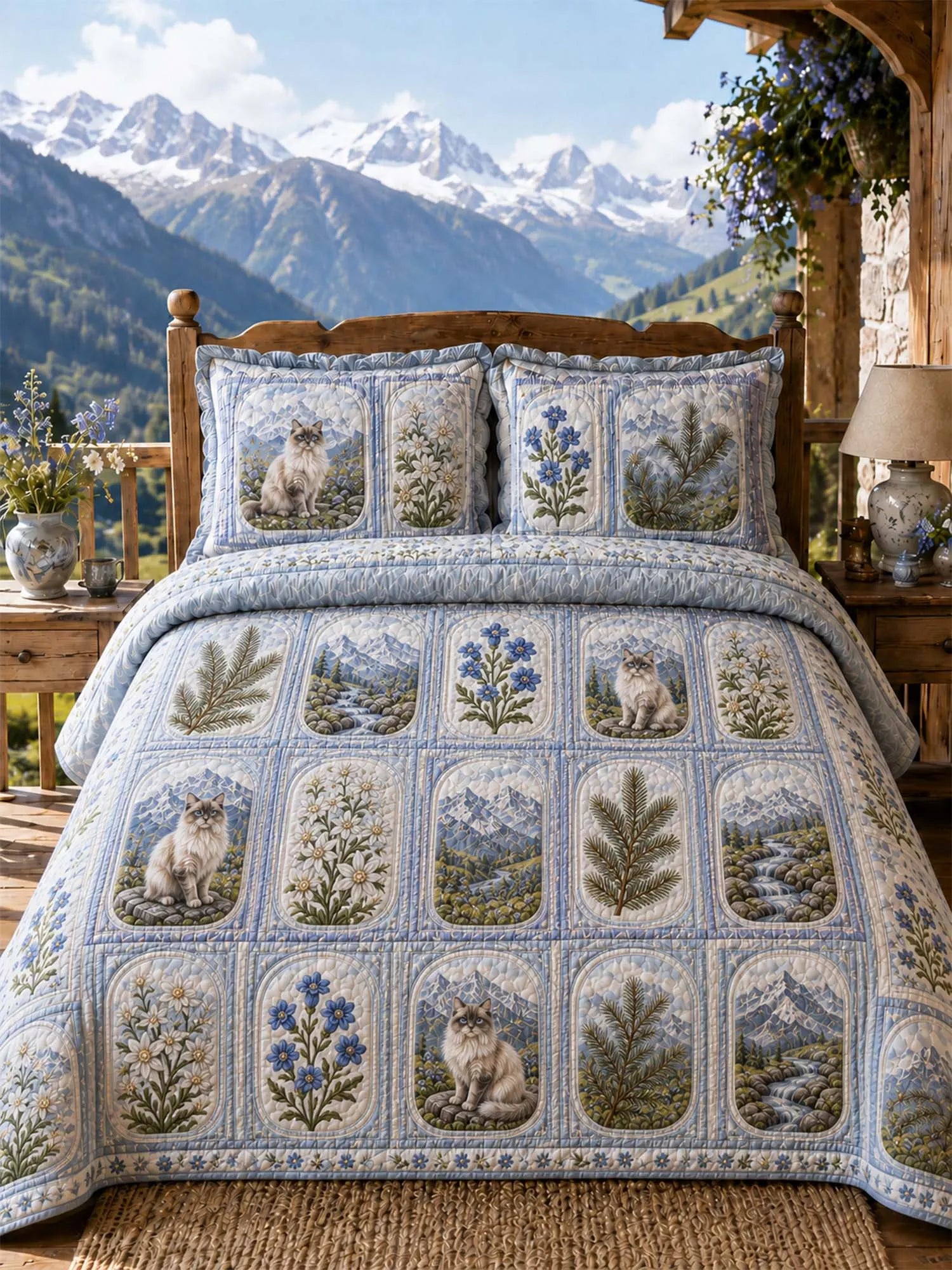 Alpine Mountain Cat Quilted 3-Piece Bedding Set