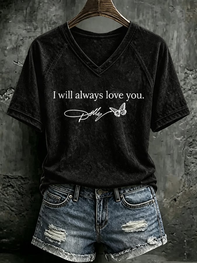 V Neck Retro Butterfly  I Will Always Love You Print T-Shirt