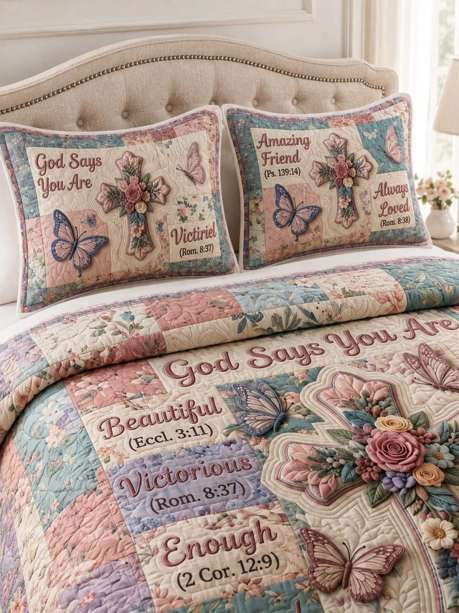 Butterfly Faith Garden Quilted 3-Piece Bedding Set