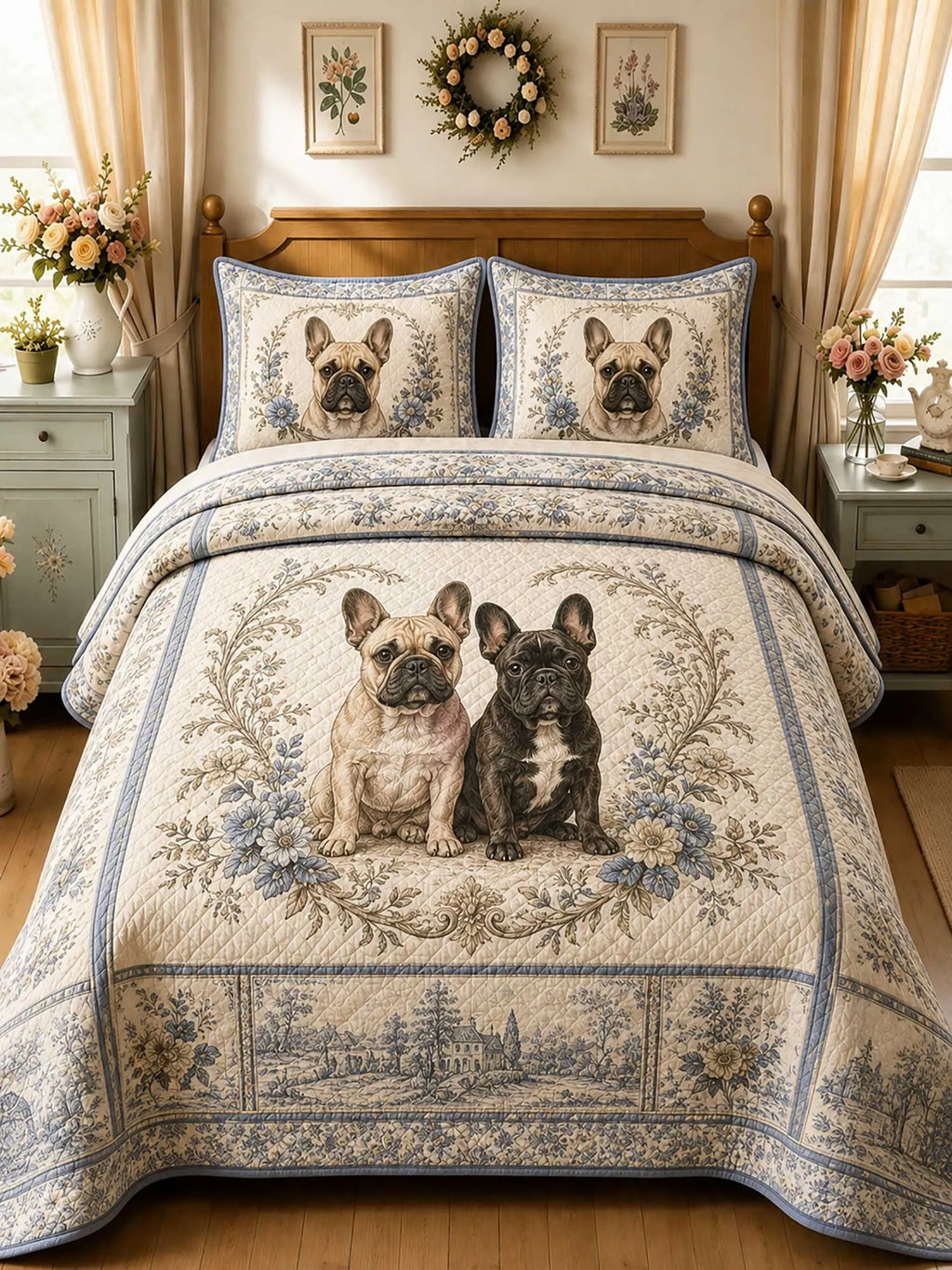 Blue Vintage French Bulldog Pair Floral 3‐Piece Quilted Bedding Set