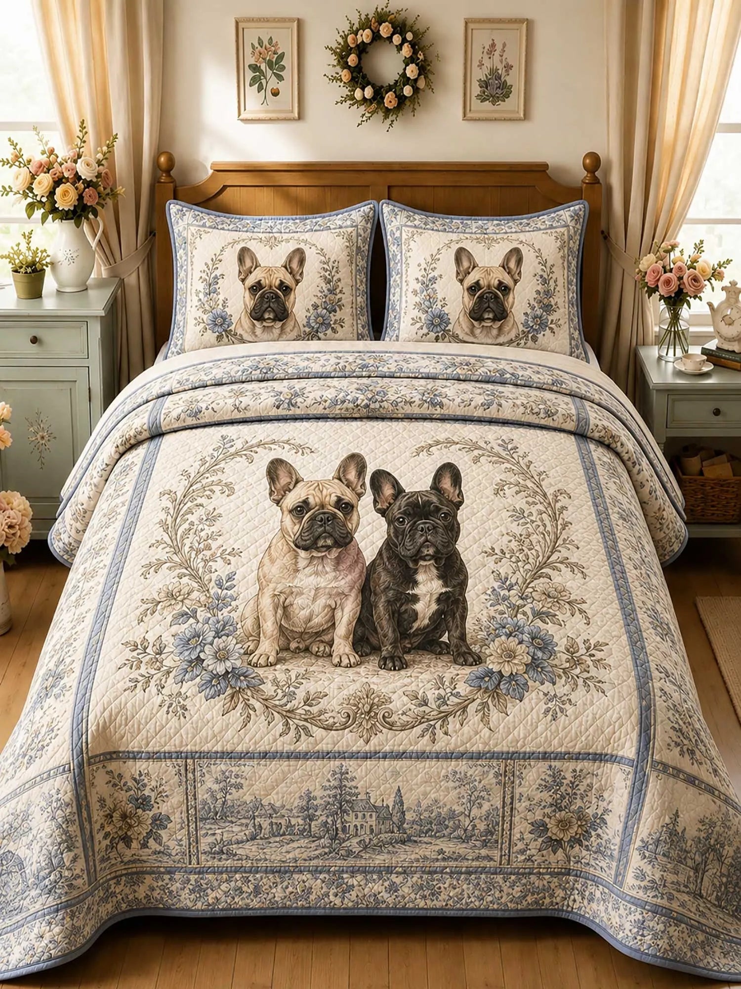 Blue Vintage French Bulldog Pair Floral 3‐Piece Quilted Bedding Set