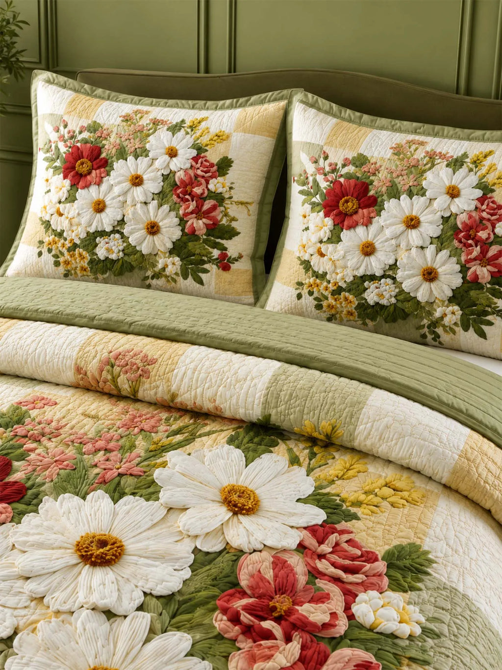Meadow Daisy Blossom Quilted 3-Piece Bedding Set