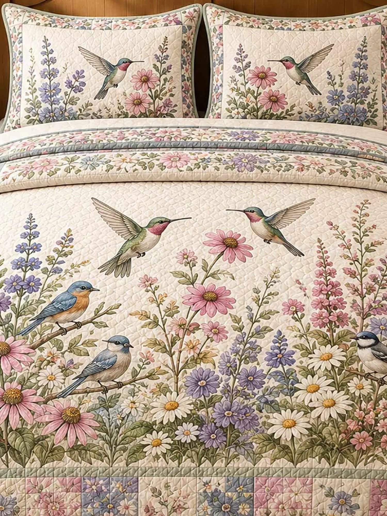 Vintage Garden Bird Mixed Floral Patchwork 3‐Piece Quilted Bedding Set