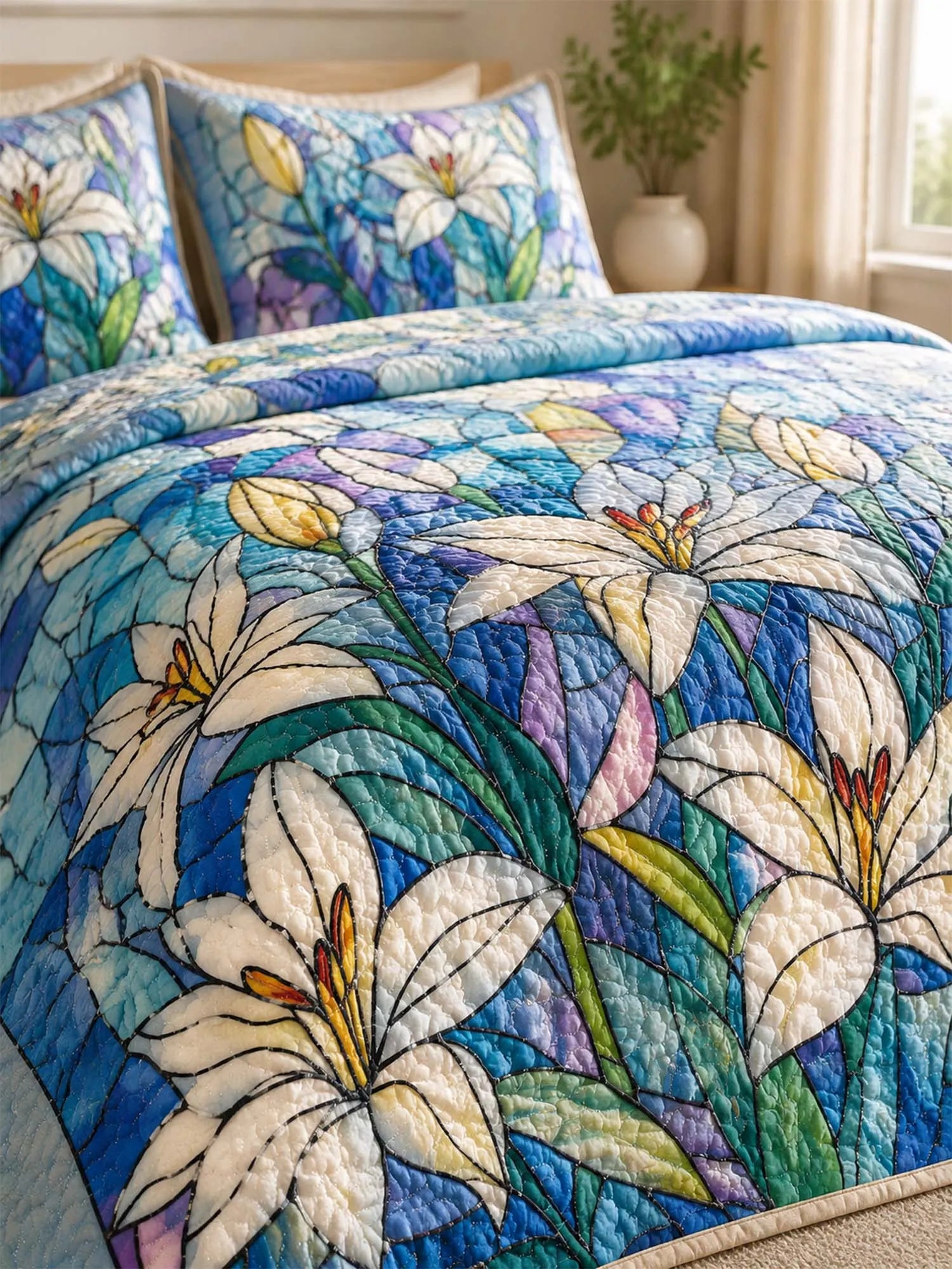 White Lily Quilted 3-Piece Bedding Set – Stained Glass Botanical Quilted Bedding With Matching Pillow Shams