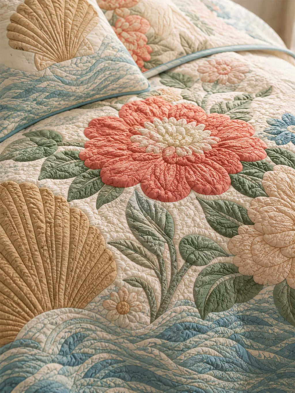 Coastal Floral Quilted 3-Piece Bedding Set – Luxury Quilted Bedding with Matching Pillow Shams