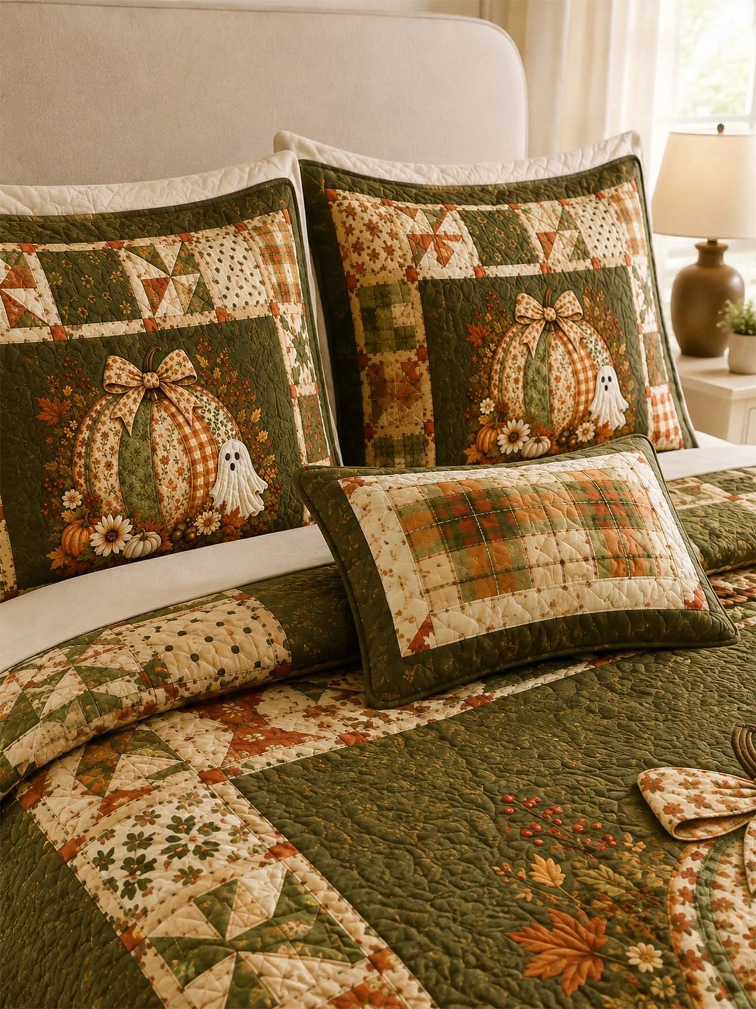 Pumpkin Ghost Harvest Quilted 3-Piece Bedding Set