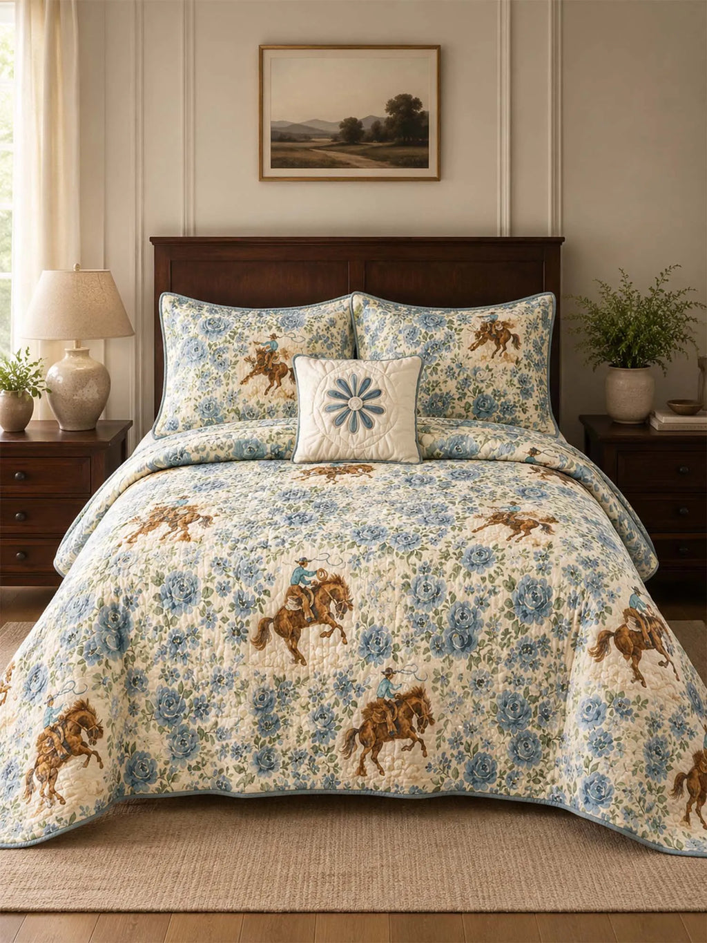 Western Floral Horse Quilted 3-Piece Bedding Set – Luxury Quilted Bedding with Matching Pillow Shams