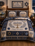 Happy Hanukkah Gold Blue Vintage 3‐Piece Quilted Bedding Set