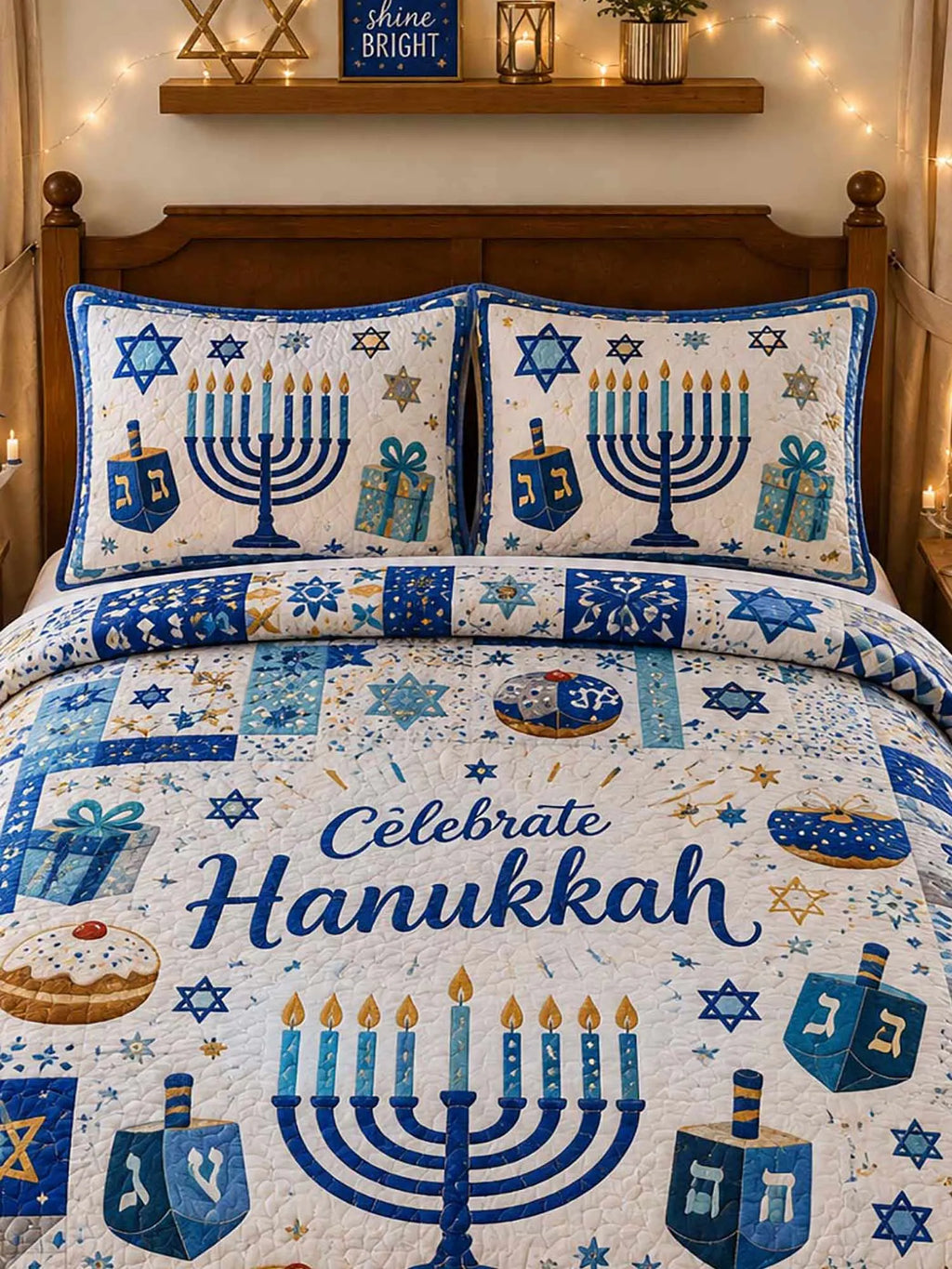 Celebrate Hanukkah Gift Donut Patchwork 3‐Piece Quilted Bedding Set