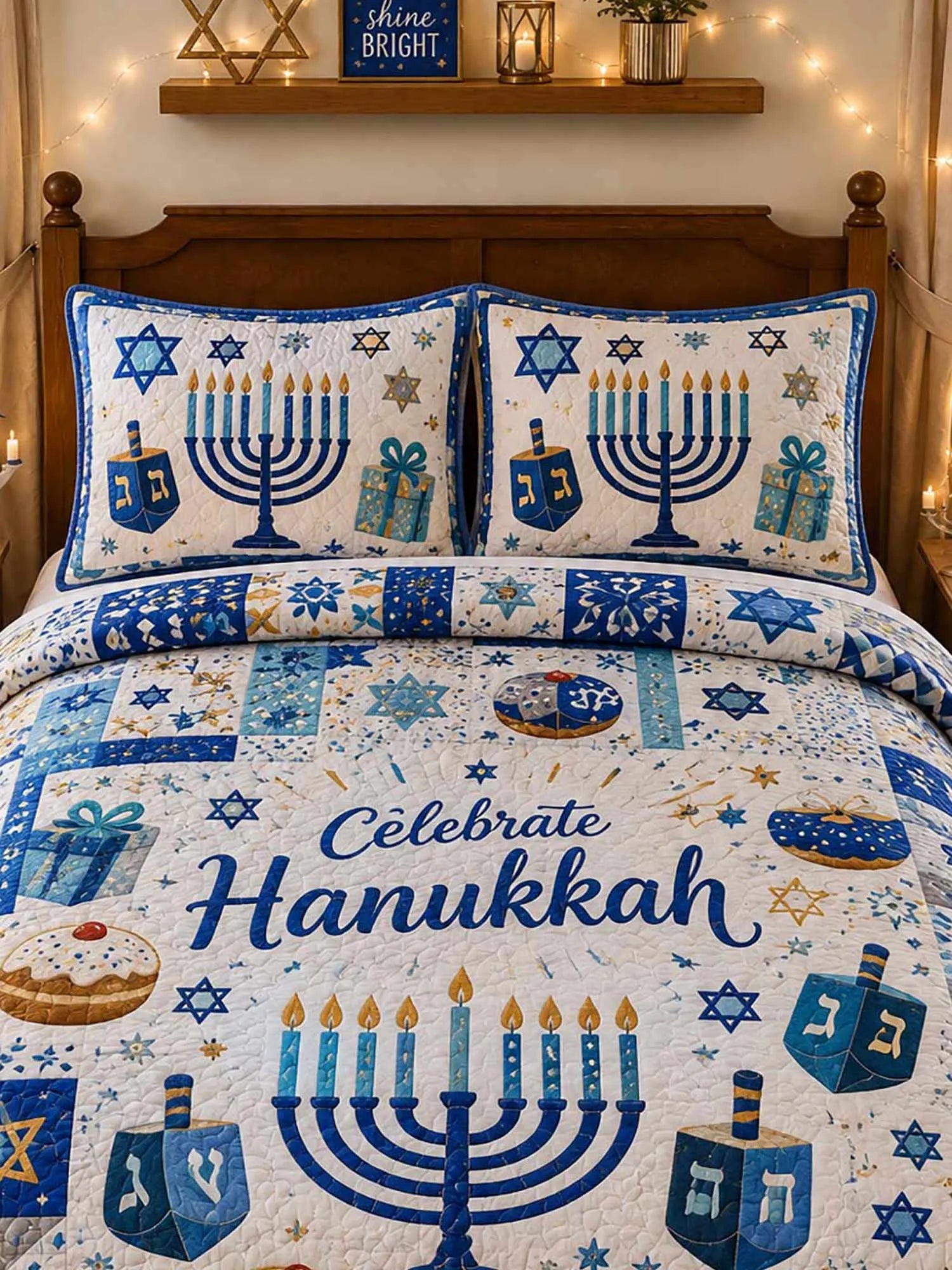 Celebrate Hanukkah Gift Donut Patchwork 3‐Piece Quilted Bedding Set