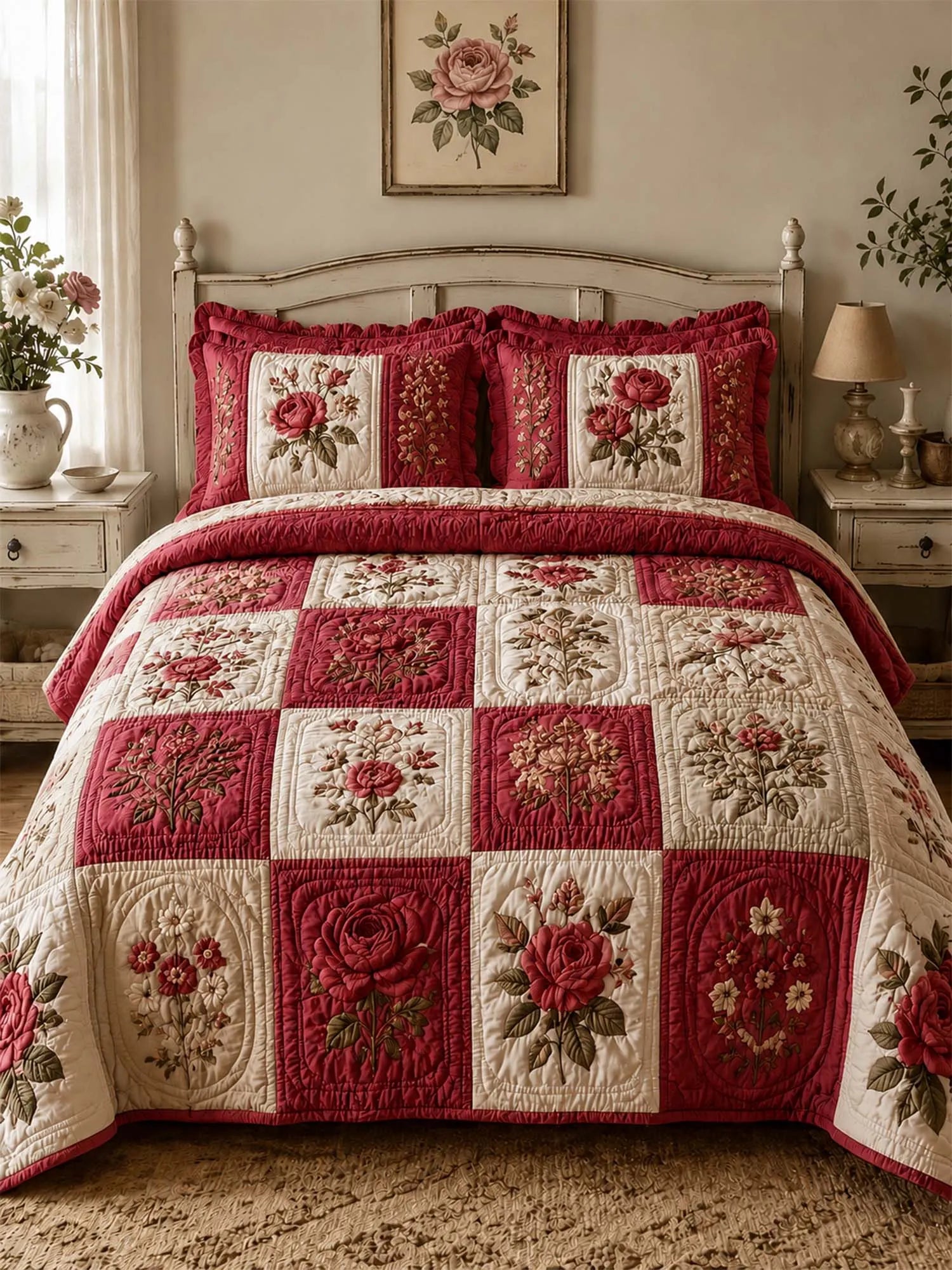 Cottagecore Floral 3-Piece Quilted Bedding Set