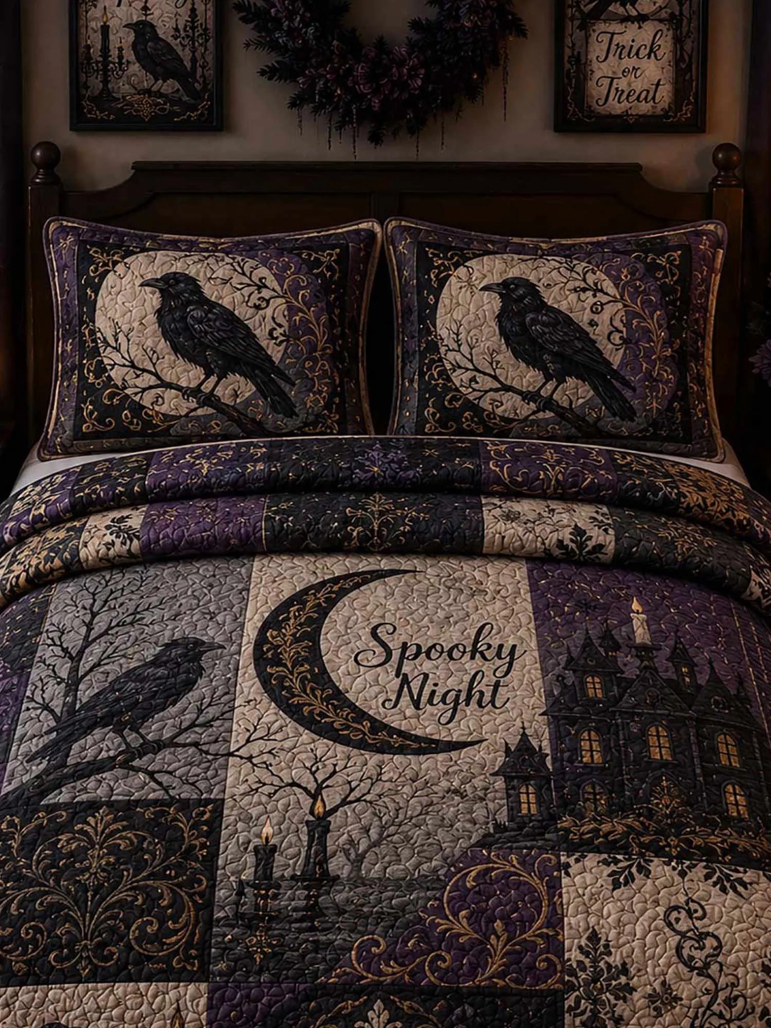 Raven Spooky Castle Patchwork 3‐Piece Quilted Bedding Set