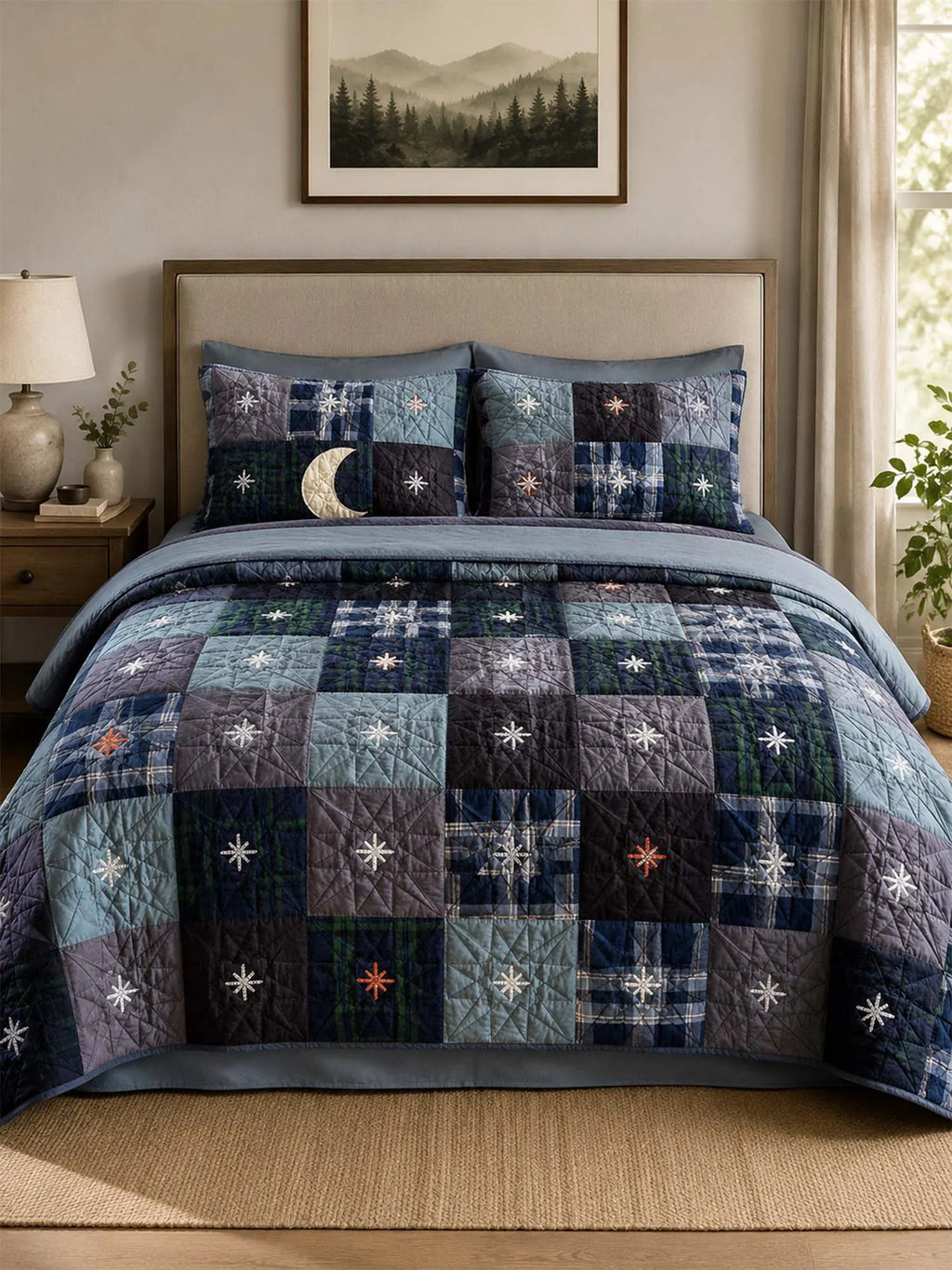 Midnight Star Quilted 3-Piece Bedding Set – Dark Americana Quilted Bedding With Matching Pillow Shams