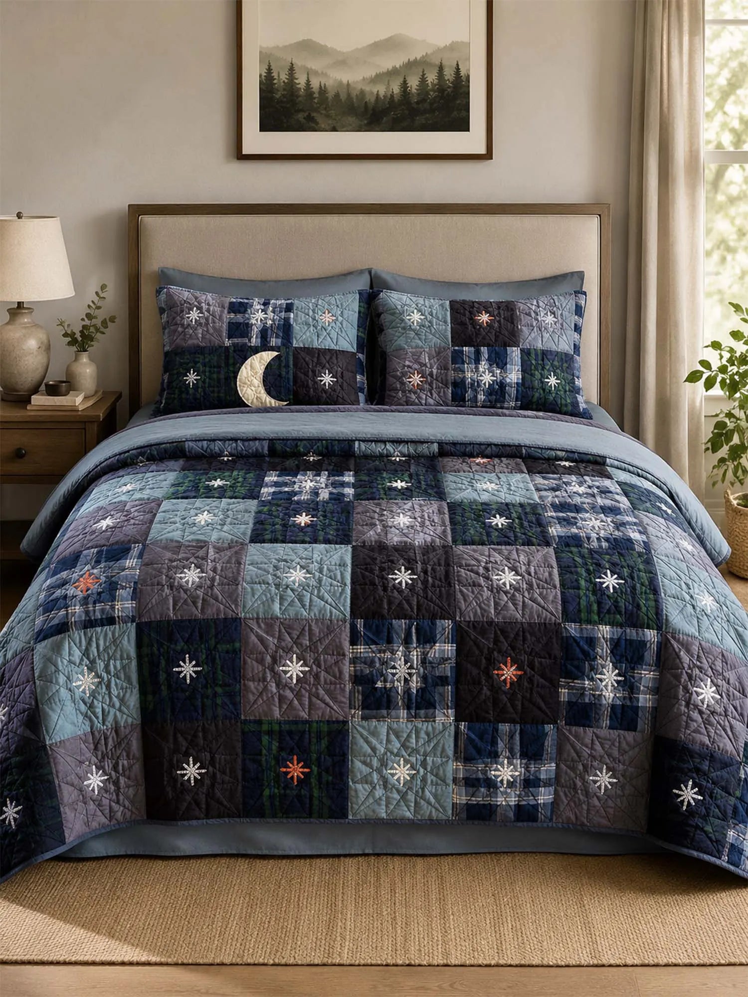 Midnight Star Quilted 3-Piece Bedding Set – Dark Americana Quilted Bedding With Matching Pillow Shams