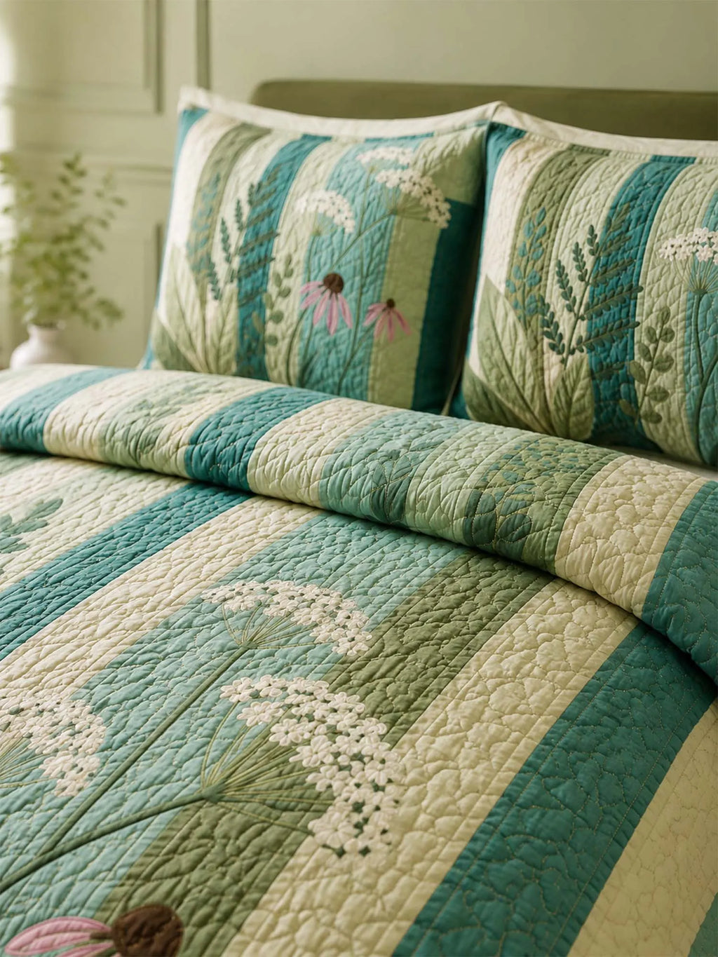 Wildflower Meadow Quilted 3-Piece Bedding Set – Cottage Garden Quilted Bedding With Matching Pillow Shams