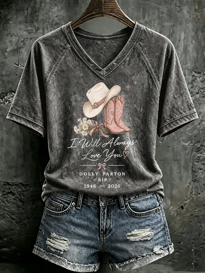 V Neck Retro I Will Always Love You Western Cowgirl Pink Cowboy Boots Print T-Shirt