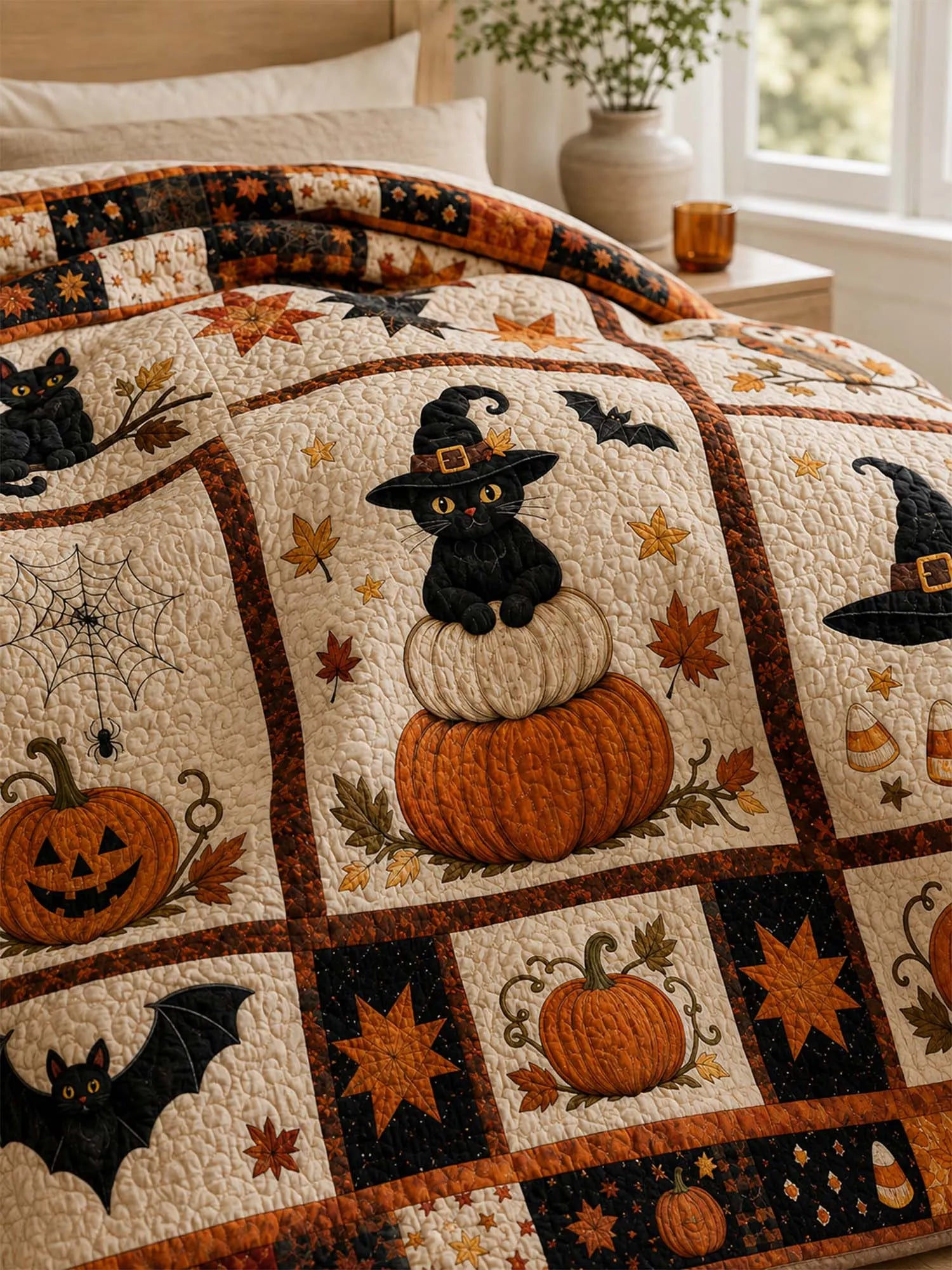 Black Cat Halloween Pumpkin Quilted 3-Piece Bedding Set
