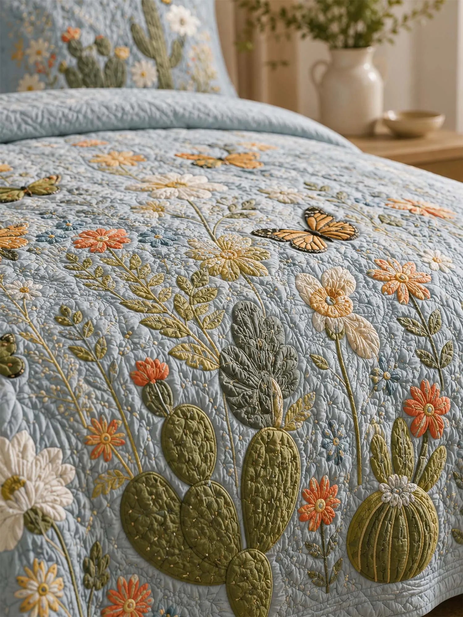 Southwestern Cactus Landscape Quilted 3-Piece Bedding Set – Rustic Western Quilted Bedding with Matching Pillow Shams