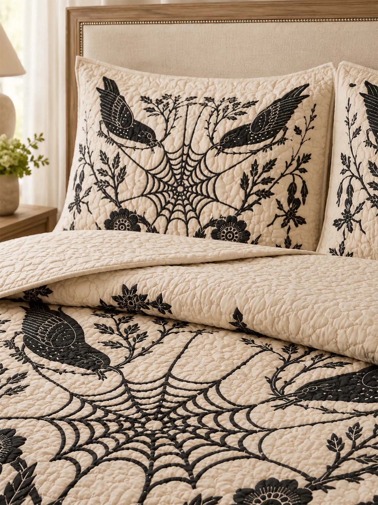 Raven Botanical Web Quilted 3-Piece Bedding Set