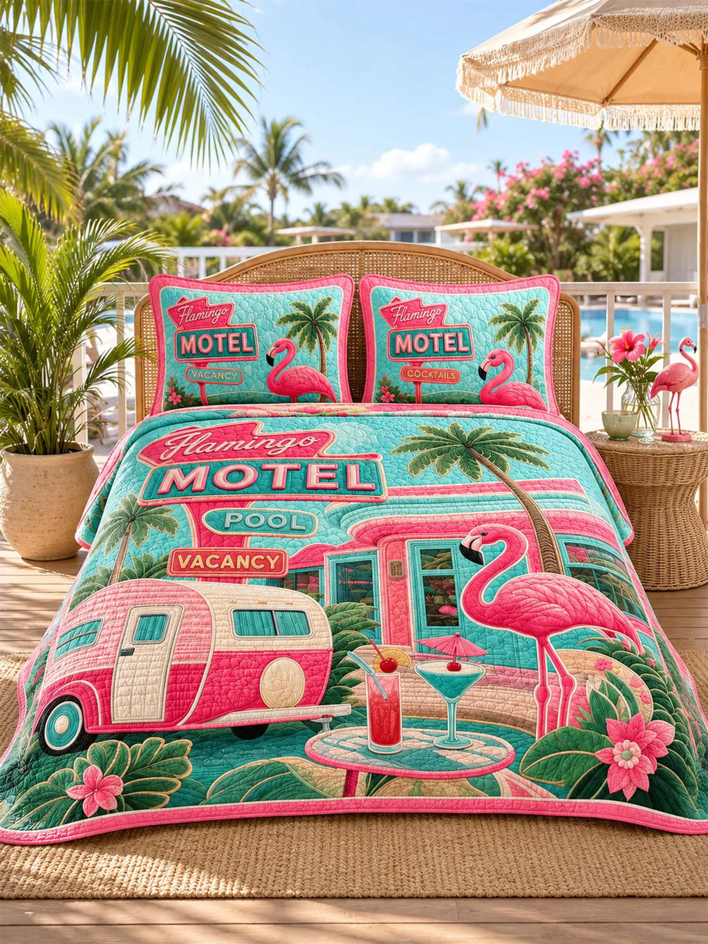 Flamingo Motel Tropical Paradise Quilted 3-Piece Bedding Set