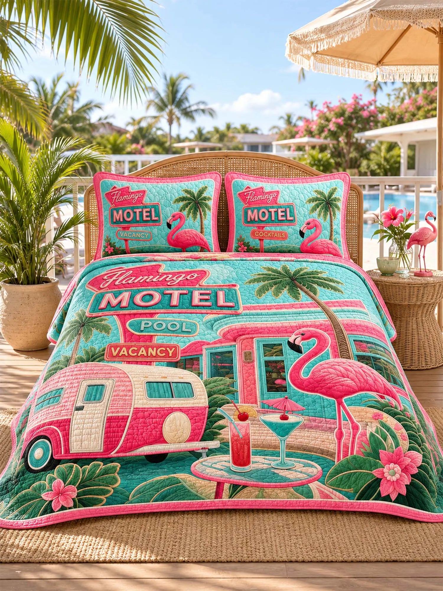Flamingo Motel Tropical Paradise Quilted 3-Piece Bedding Set