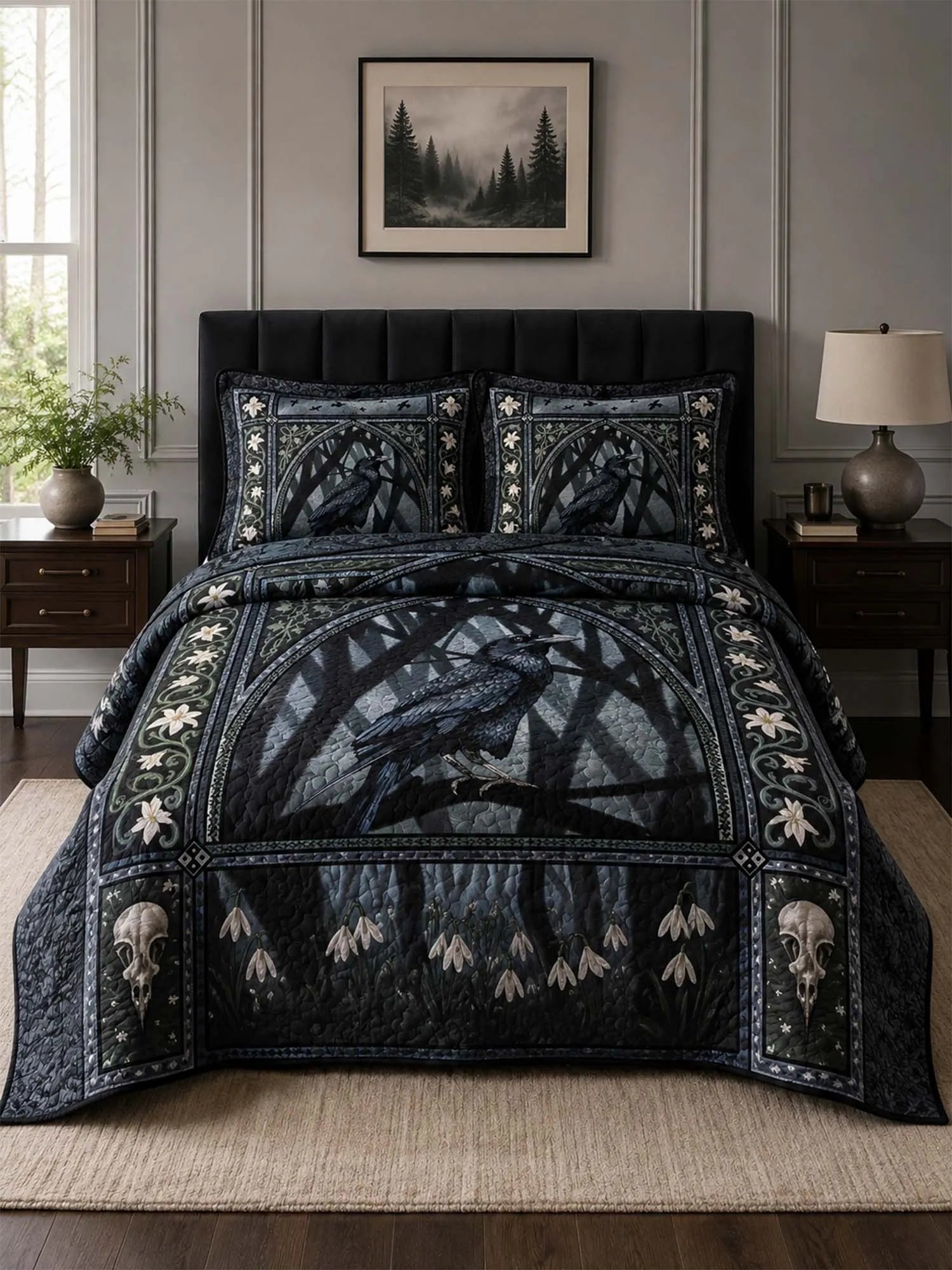 Raven Shadow Forest Quilted 3-Piece Bedding Set