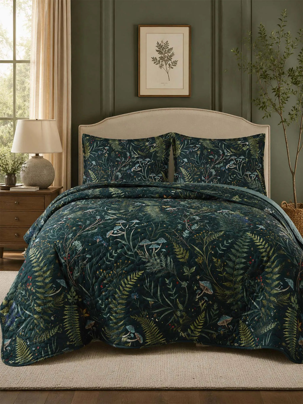 Enchanted Forest Mushroom Quilted 3-Piece Bedding Set – Dark Botanical Quilted Bedding With Matching Pillow Shams