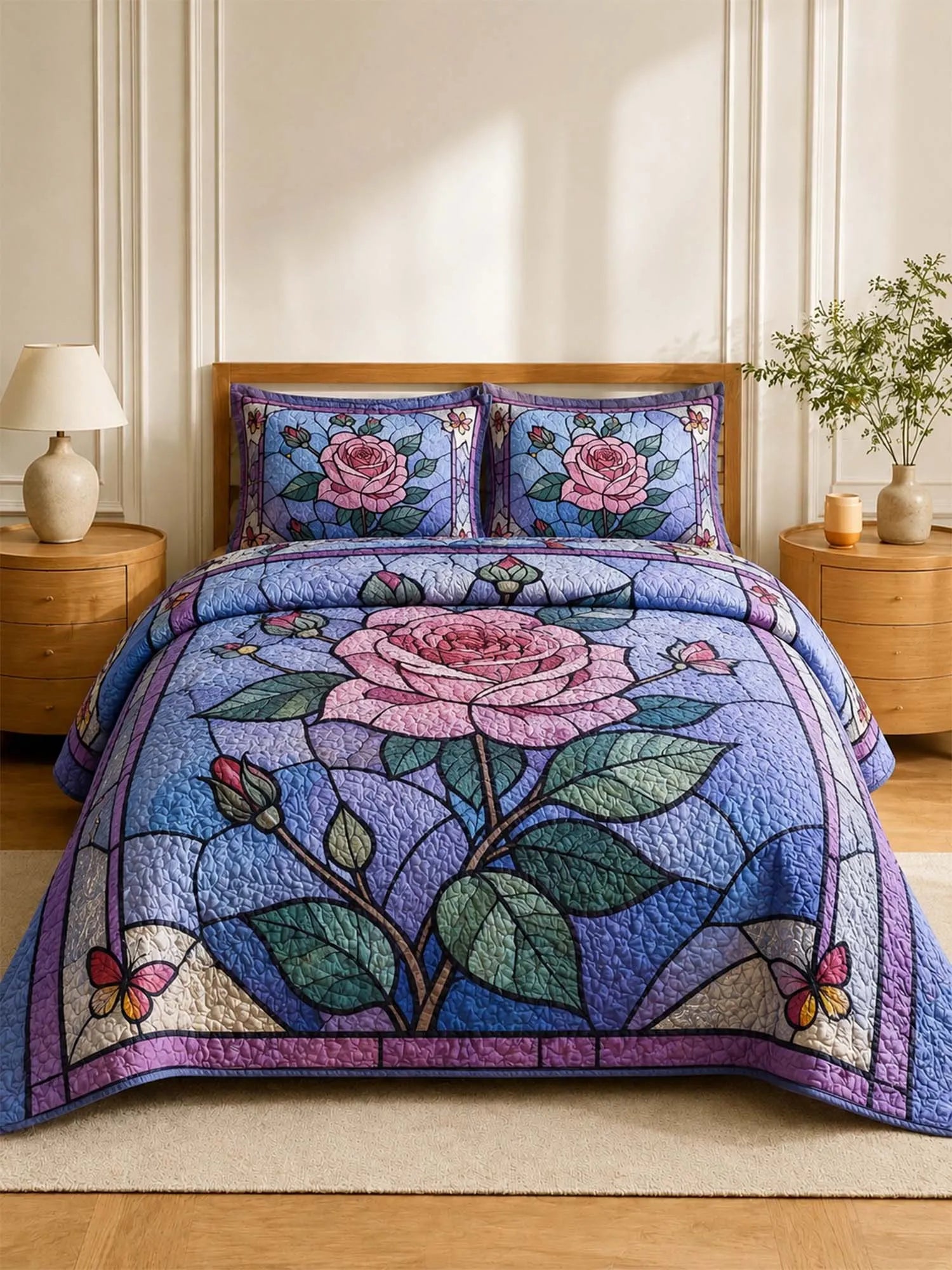 Stained Glass Rose Quilted 3-Piece Bedding Set – Vintage Cottage Garden Quilted Bedding With Matching Pillow Shams