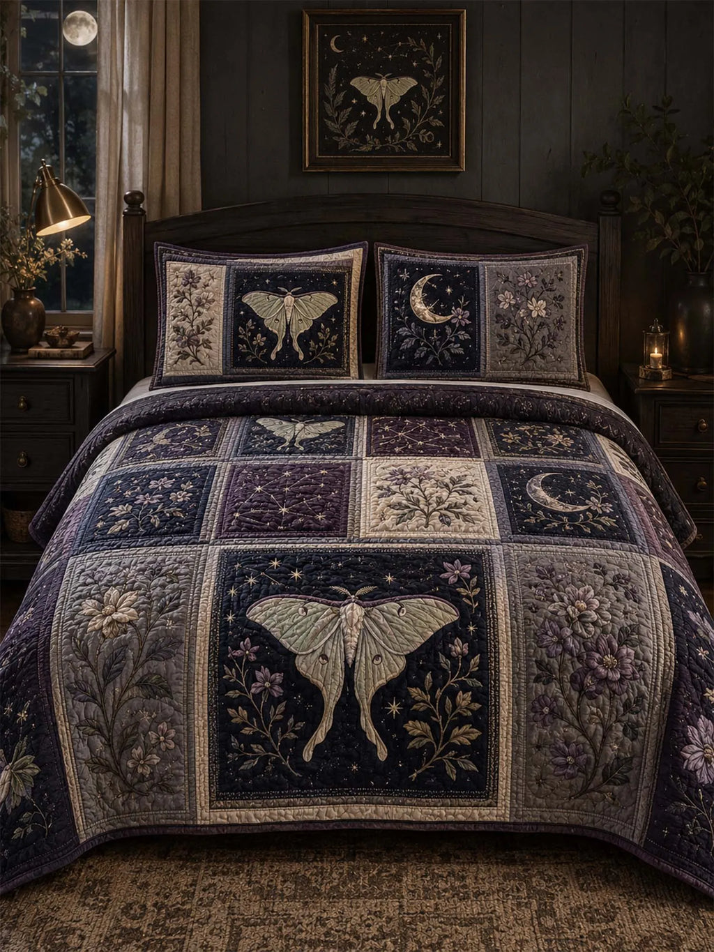 Luna Moth Quilted 3-Piece Bedding Set – Classic Americana Quilted Bedding With Matching Pillow Shams
