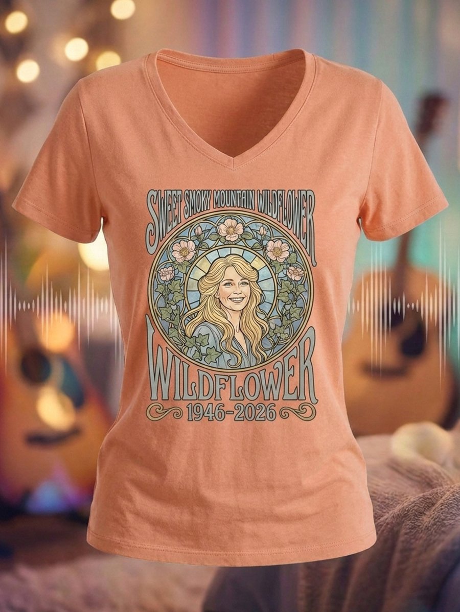 Women's Dolly Parton Tribute Print  V-Neck Short-Sleeve T-Shirt
