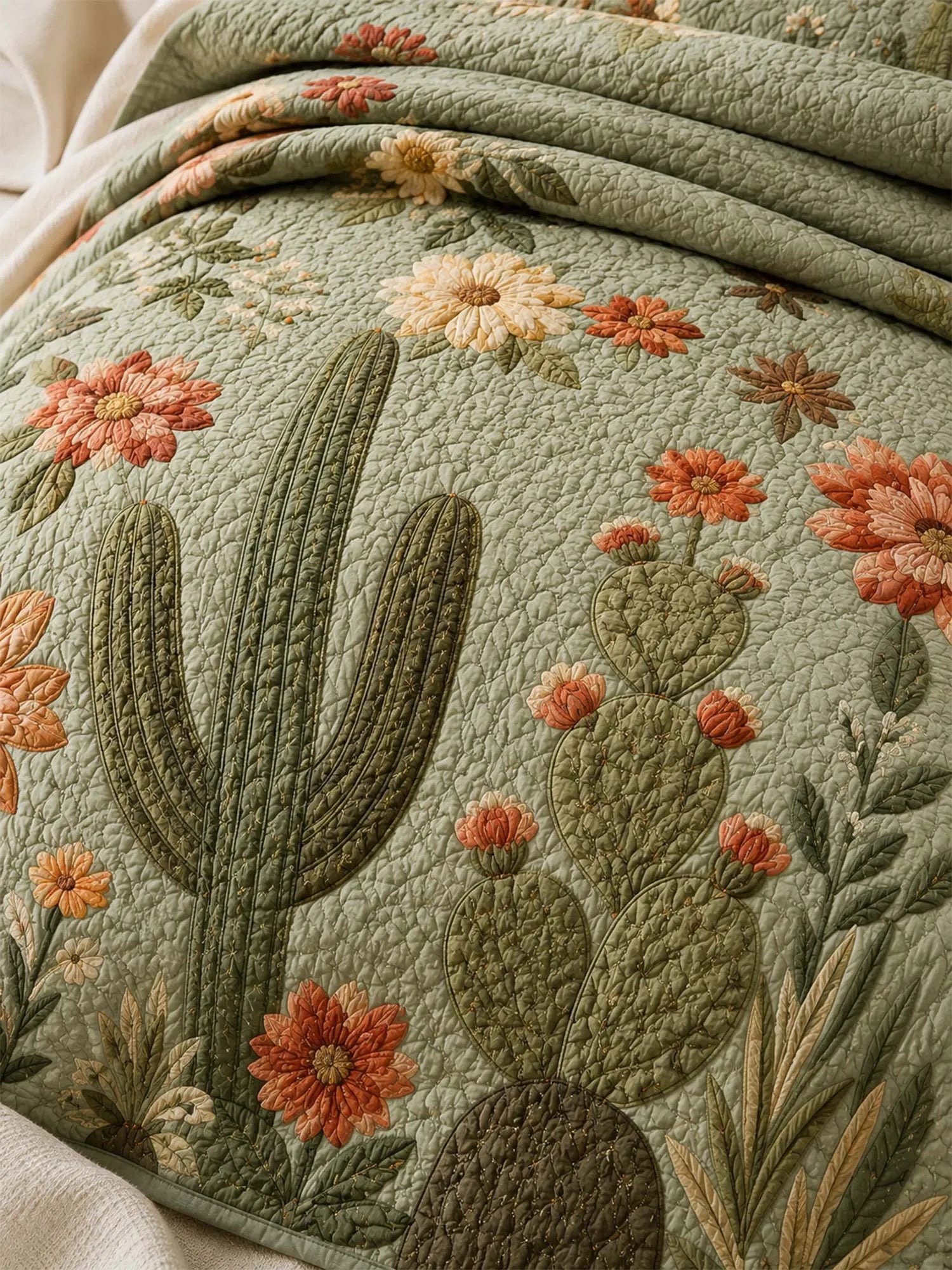 Cactus Garden Floral Quilted 3-Piece Bedding Set – Vintage Desert Style Quilted Bedding with Matching Pillow Shams