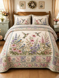 Vintage Garden Bird Mixed Floral Patchwork 3‐Piece Quilted Bedding Set