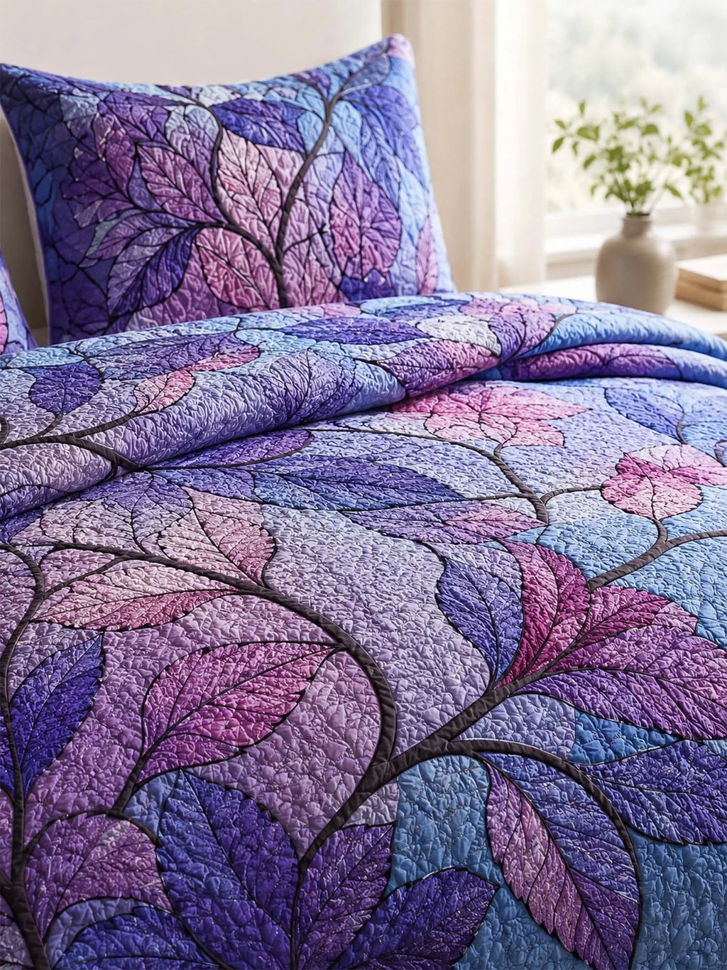 Purple Leaf Botanical Quilted 3-Piece Bedding Set
